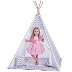 Cort mare copii stil indian Teepee White Grey Stars, XXL, alb-gri, include covoras / salteluta si perne Cort mare copii stil indian Teepee White Grey Stars, XXL, alb-gri, include covoras / salteluta si perne